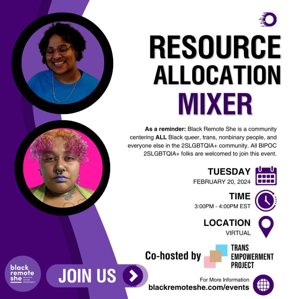 Resource Allocation Mixer event flyer. Image depicts the two magical black non-binary individuals hosting this event. 