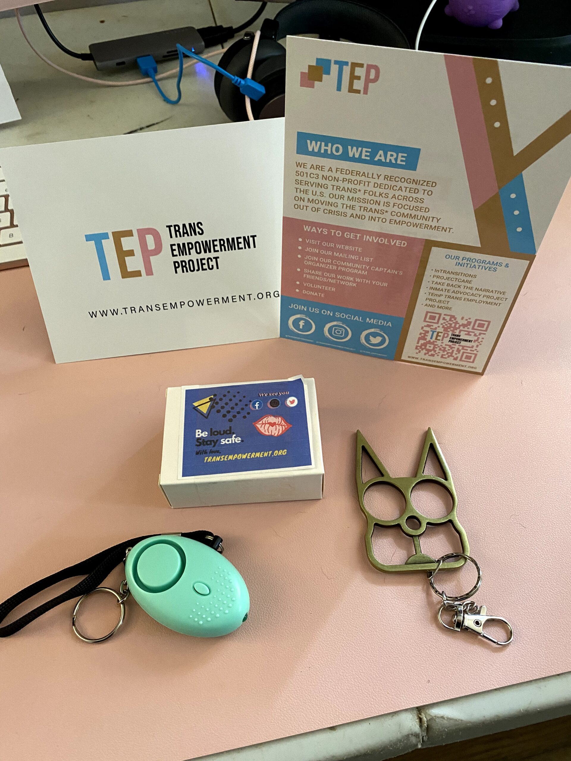 3-4 items from TEP's safety kit project are on display. These items were distributed in 2021