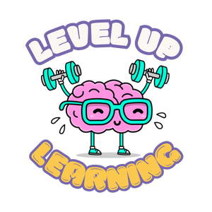 Level up Learning shows a cartoon like drawing of a human brain personified and sweating while lifting weights. 