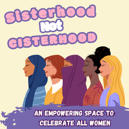 Image depicts a diverse group of women in a cartoon drawing. Image is a call to action which reads: Sisterhood Not Cisterhood, an empowering space to celebrate all women!