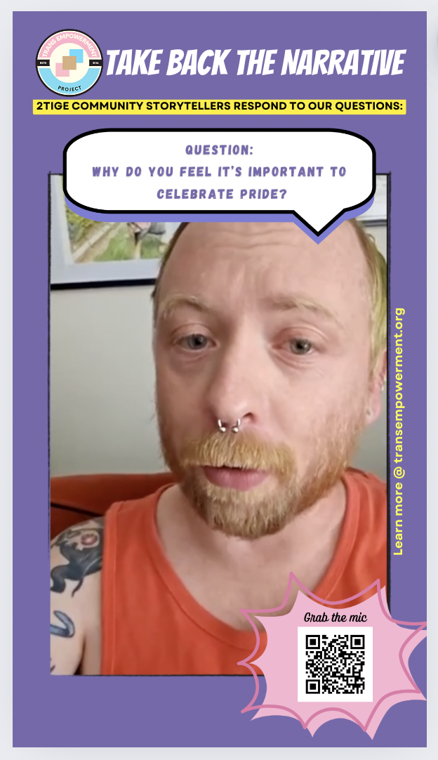 TEP Supporter Rick is a white, non-binary individual who appears with short strawberry blonde hair and facial hair. They are shown wearing a rust colored tank top. Rick is shown with a purple frame with the words "Take back the narrative"