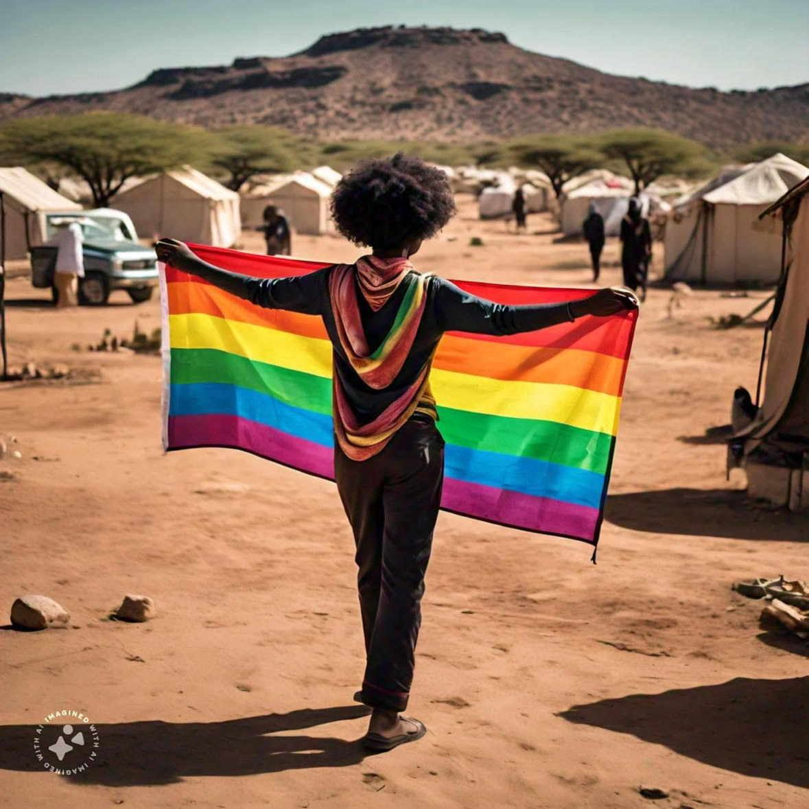 A lone black activist is seen holding an LGBT Pride flag in the center of an African Camp