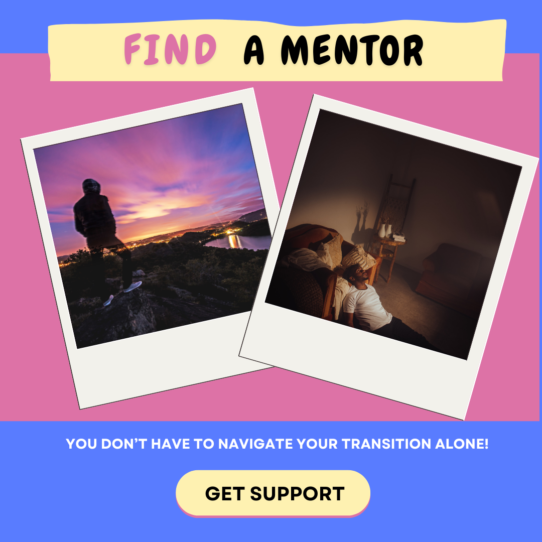 graphic shows two separate people looking isolated and or lonely. with a call to action for audience members who are struggling to sign up to receive support from our mentors.