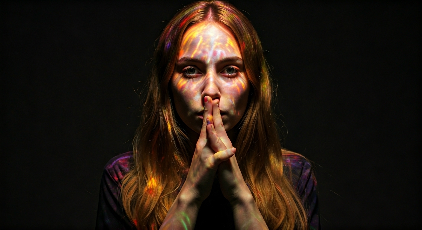 Photo of a white woman standing against a dark background. Her face, hair, hands, and shoulders are all you see. Her hands are in a prayer like position in front of her mouth