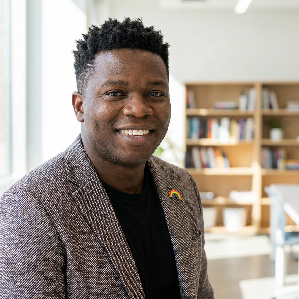 Jordan is a black man wearing a black shirt under a dark blazer with a big smile who is also wearing a pride pin