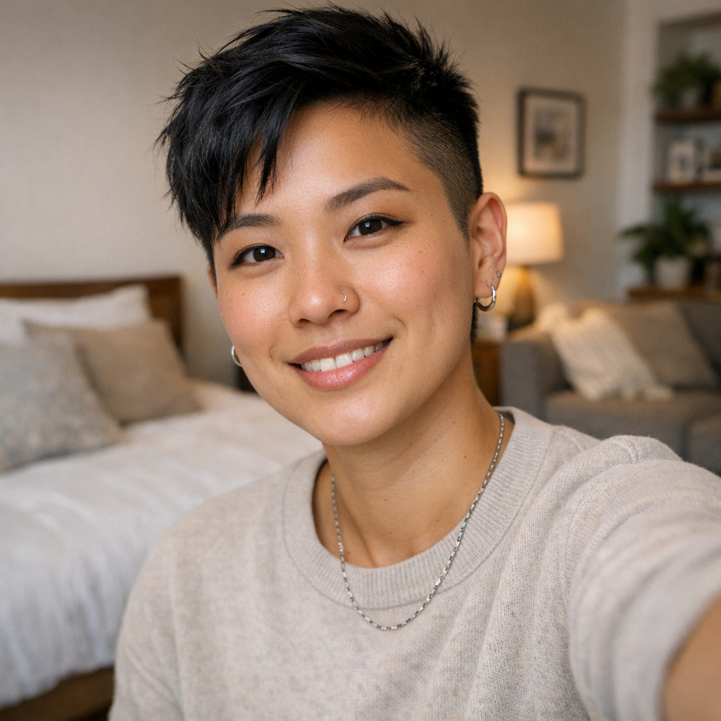 non-binary supporter of TEP who is lightly melenated. Zee has short dark hair and is wearing a greyish sweatshirt. They also have hoop earings and a nose piercing and are seen smiling 