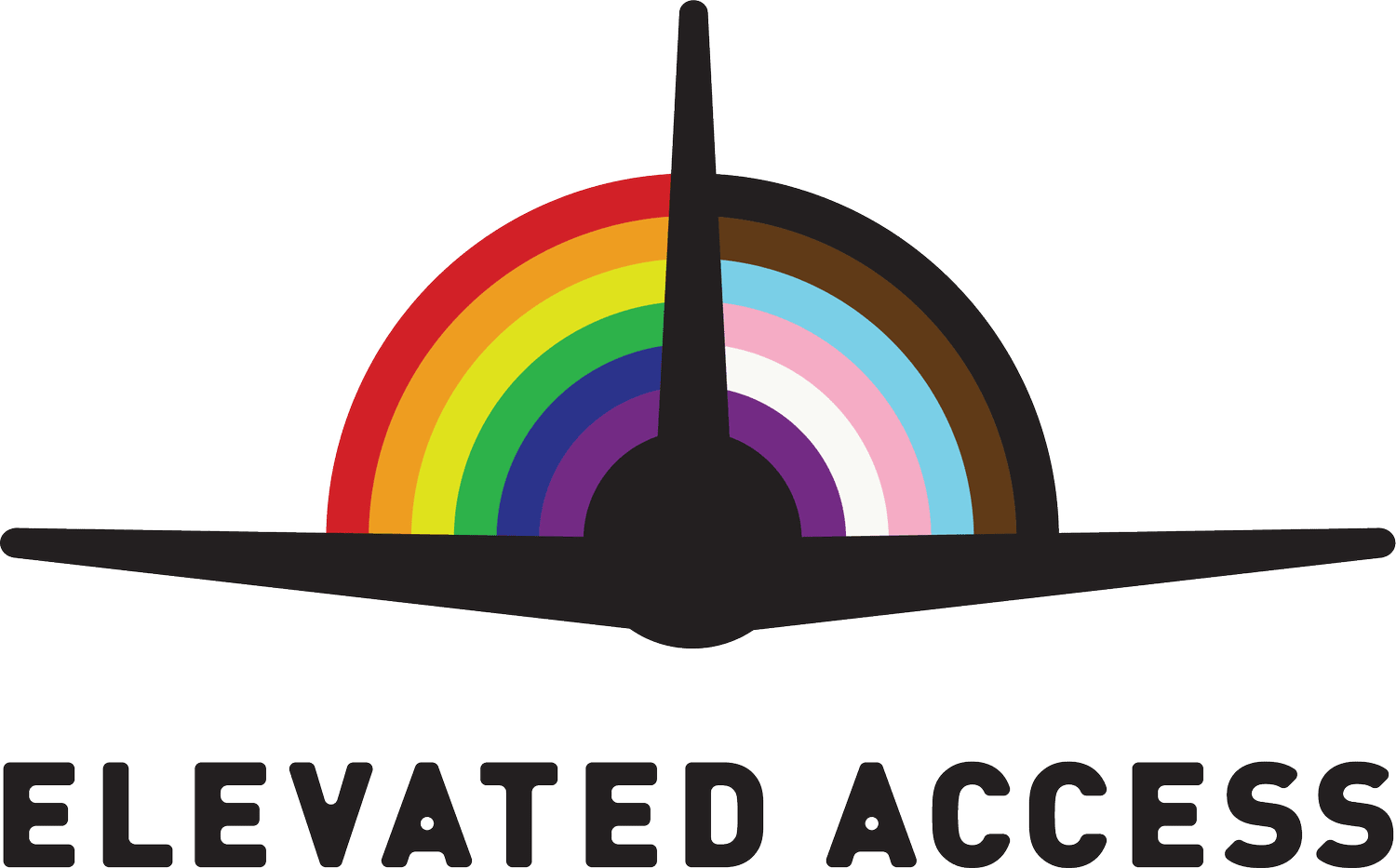 Elevated Access's logo shows the silhouette of a plane in front of a circular version of the progressive pride flag on the horizon